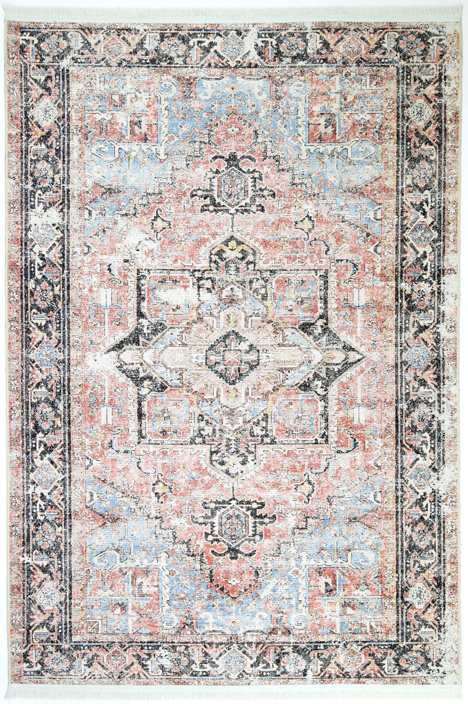 Annabel Distressed Vintage Terracotta & Sky Blue Rug (with fringe)