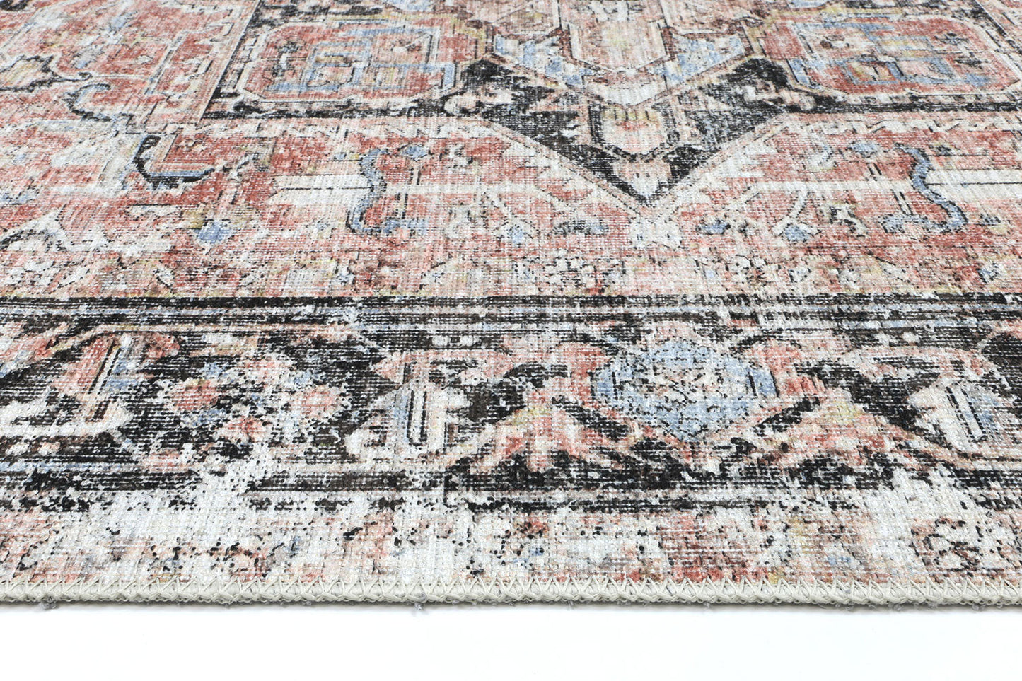 Annabel Distressed Vintage Terracotta & Sky Blue Rug (with fringe)