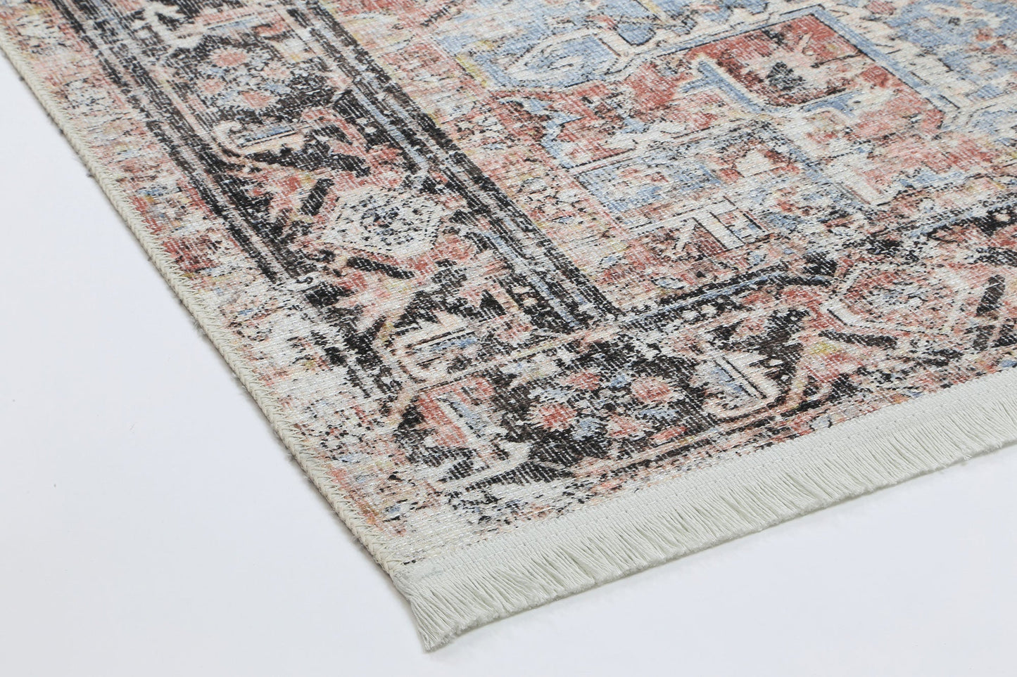 Annabel Distressed Vintage Terracotta & Sky Blue Rug (with fringe)