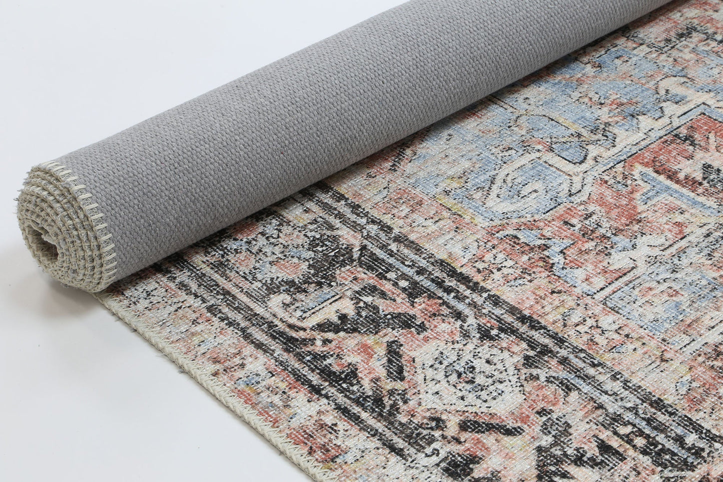 Annabel Distressed Vintage Terracotta & Sky Blue Rug (with fringe)