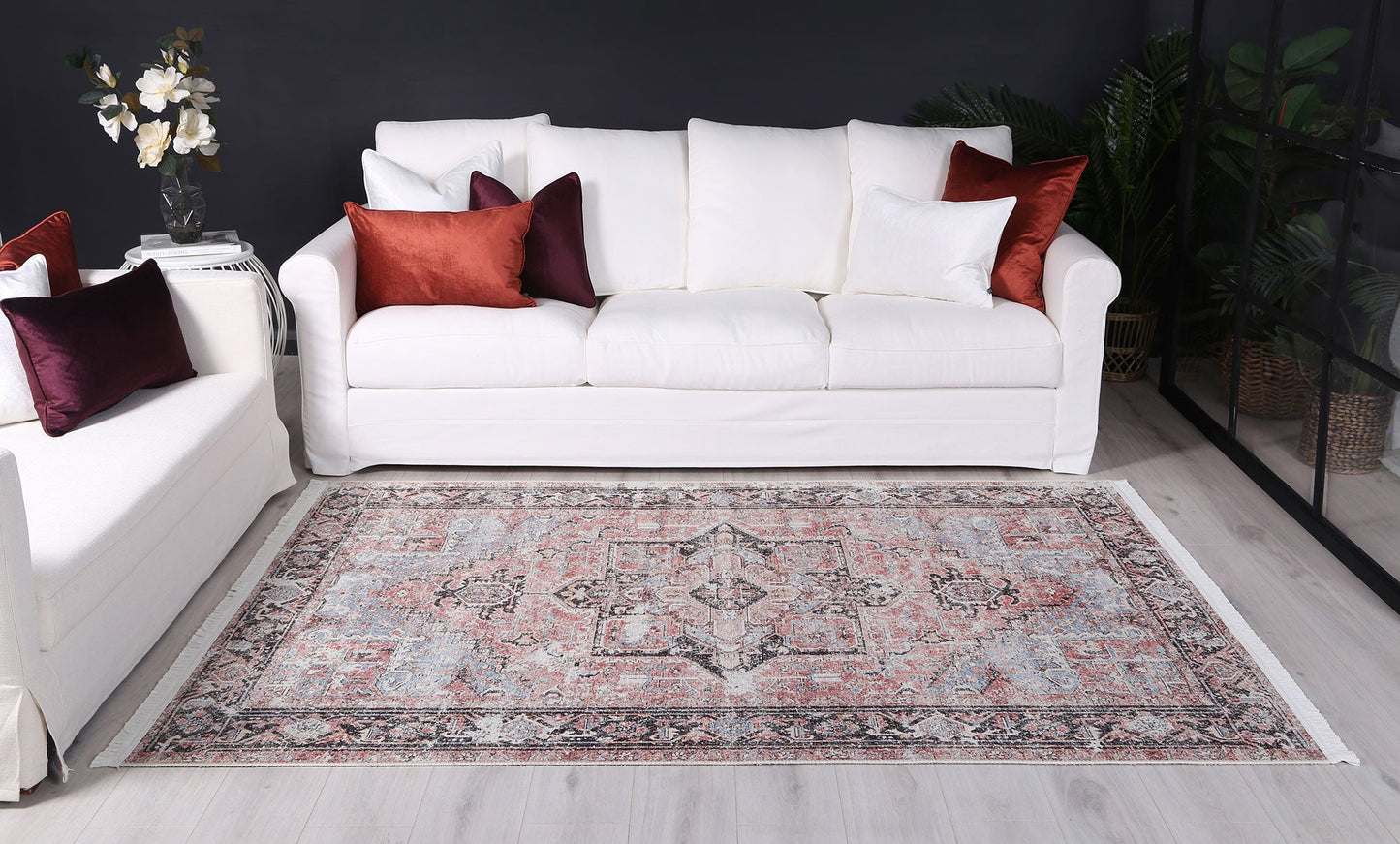 Annabel Distressed Vintage Terracotta & Sky Blue Rug (with fringe)