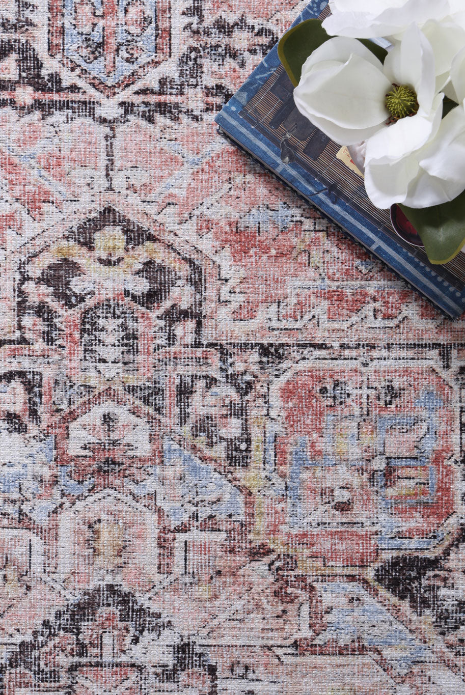 Annabel Distressed Vintage Terracotta & Sky Blue Rug (with fringe)