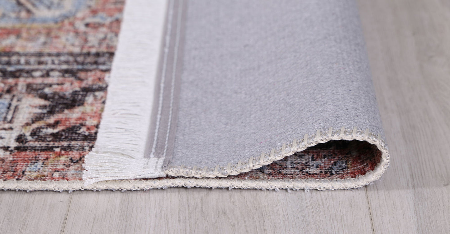 Annabel Distressed Vintage Terracotta & Sky Blue Rug (with fringe)