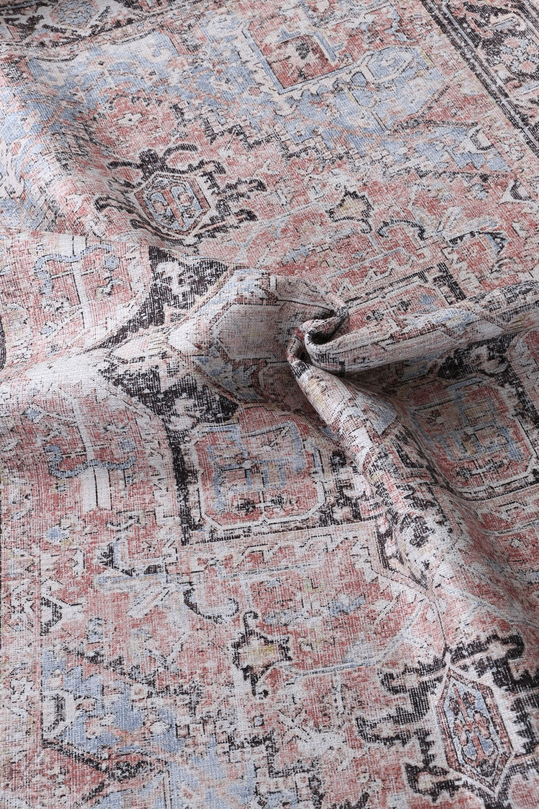Annabel Distressed Vintage Terracotta & Sky Blue Rug (with fringe)