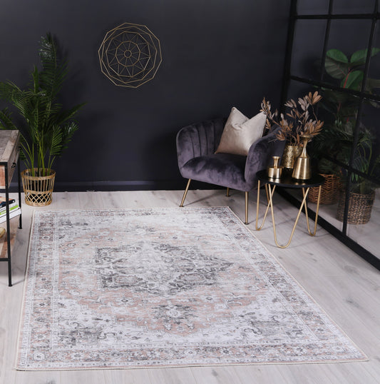 Distressed Vintage Cezanne Blush Washable Rug