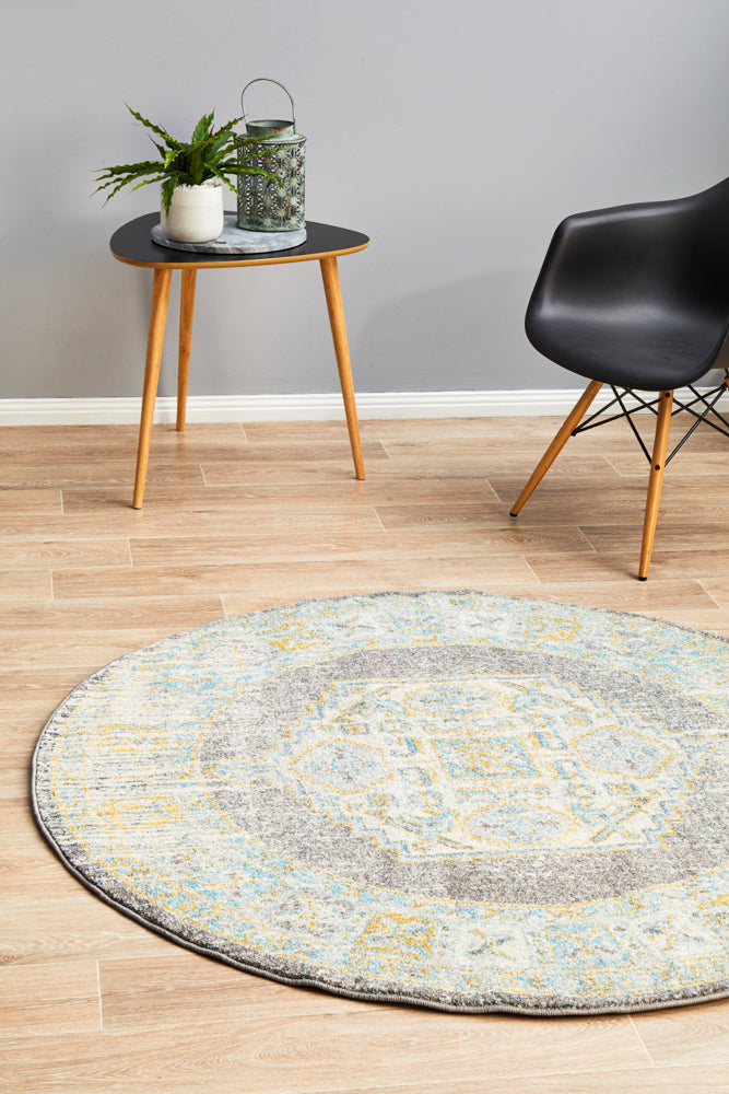 Century Faded Medallion Grey Round Rug