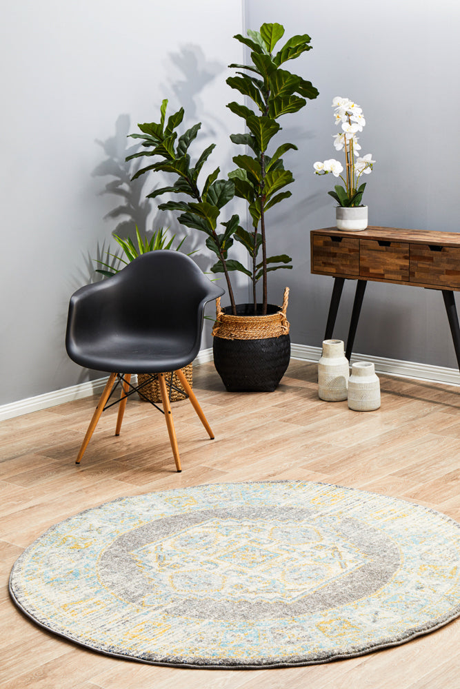 Century Faded Medallion Grey Round Rug