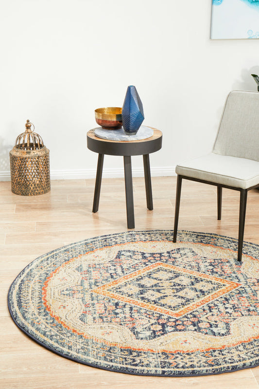Legacy Border Diamond Navy Round Rug
