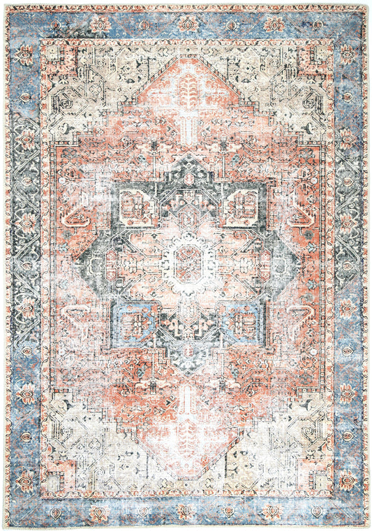 Distressed Vintage Cezanne Terracotta Blue Washable Rug