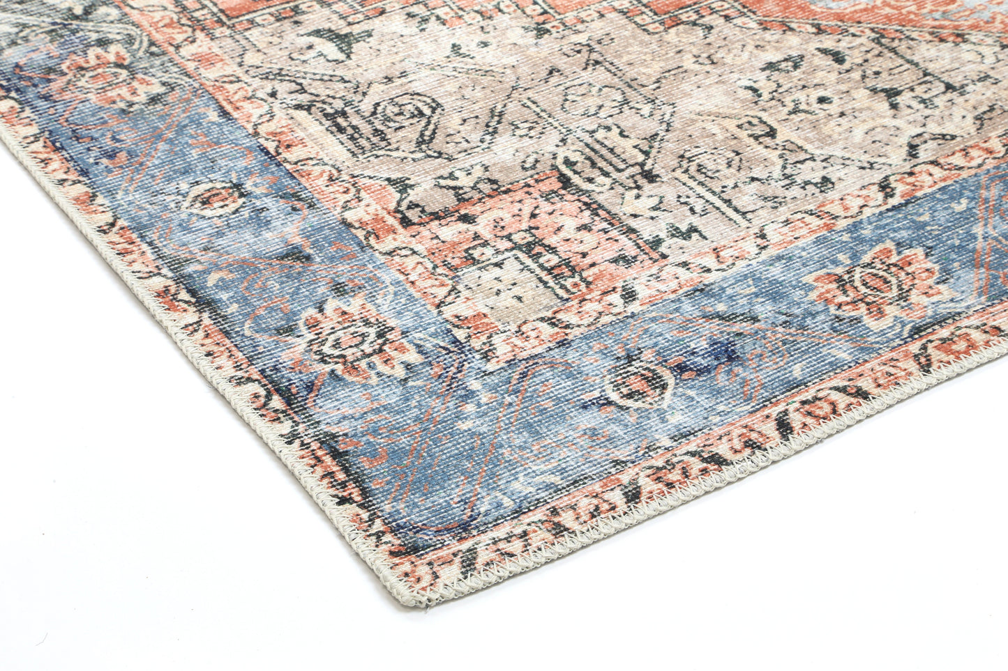 Distressed Vintage Cezanne Terracotta Blue Washable Rug