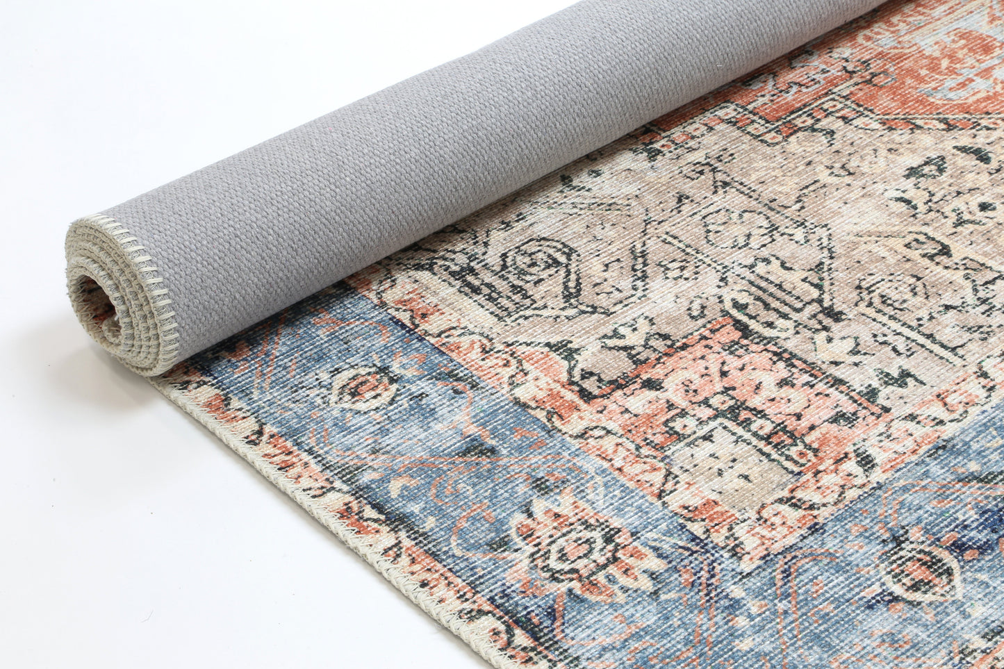 Distressed Vintage Cezanne Terracotta Blue Washable Rug