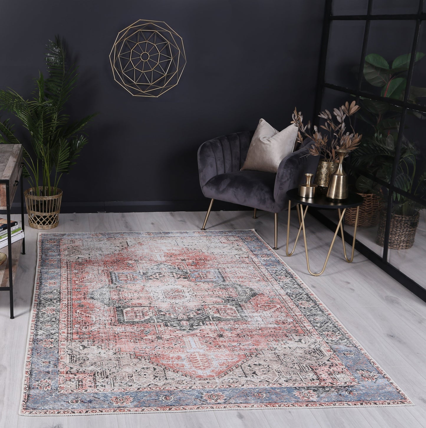 Distressed Vintage Cezanne Terracotta Blue Washable Rug