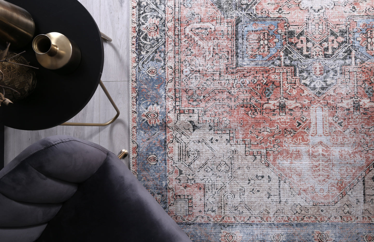 Distressed Vintage Cezanne Terracotta Blue Washable Rug