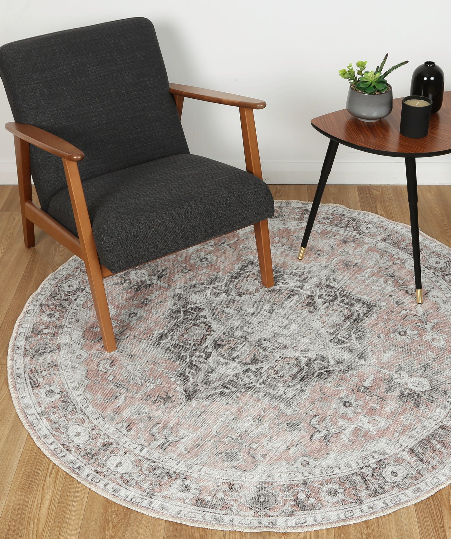 Distressed Vintage Cezanne Blush Washable Round Rug