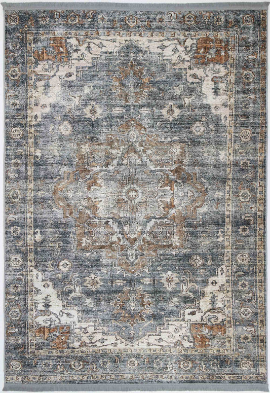 Distressed Vintage Cezanne Rabbit Gray Inca Gold Area Rug (with fringe)