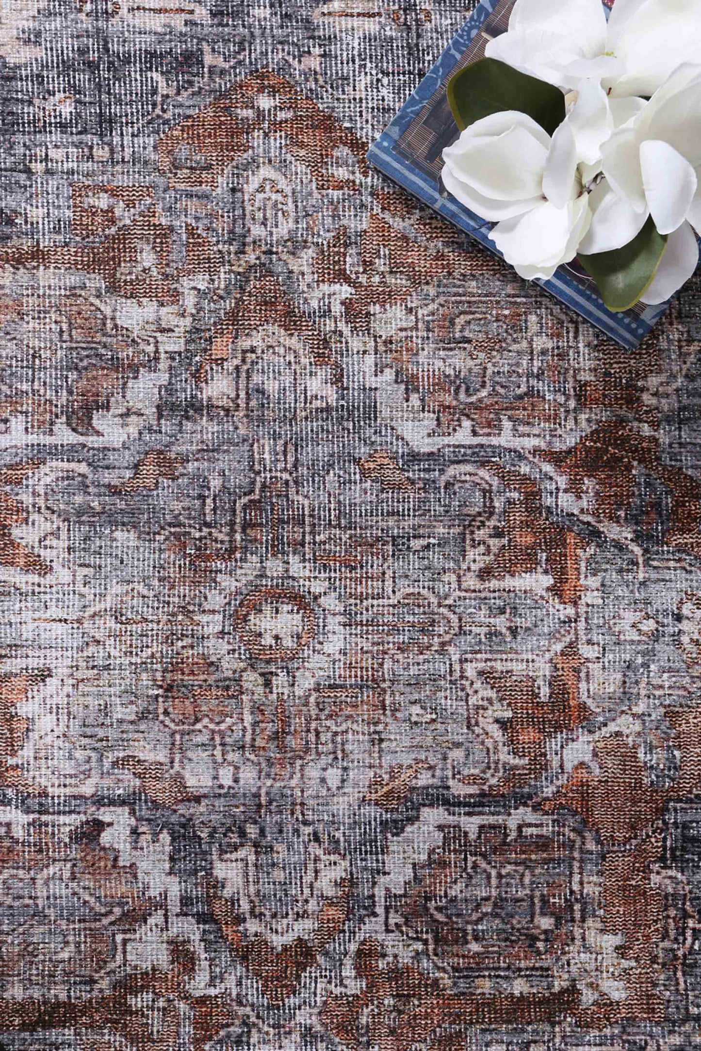 Distressed Vintage Cezanne Rabbit Gray Inca Gold Area Rug (with fringe)