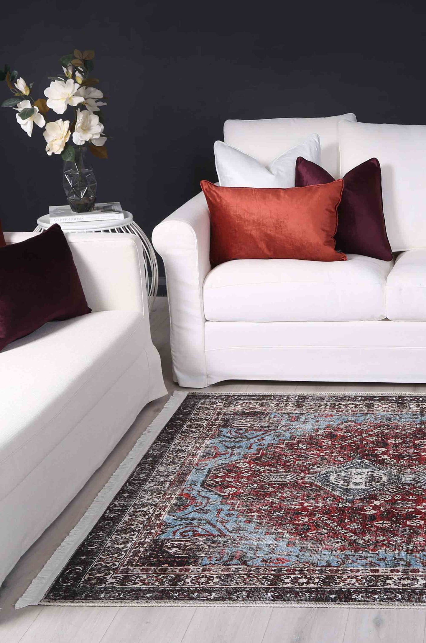 Loane Distressed Vintage Ruby & Sky Blue Washable Rug (with fringe)