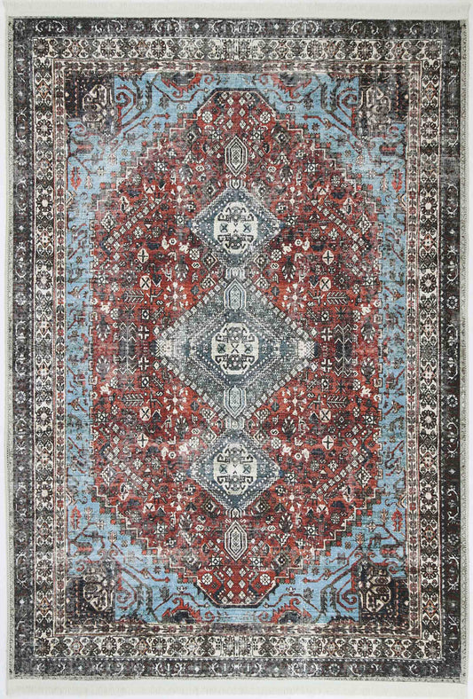 Loane Distressed Vintage Ruby & Sky Blue Washable Rug (with fringe)