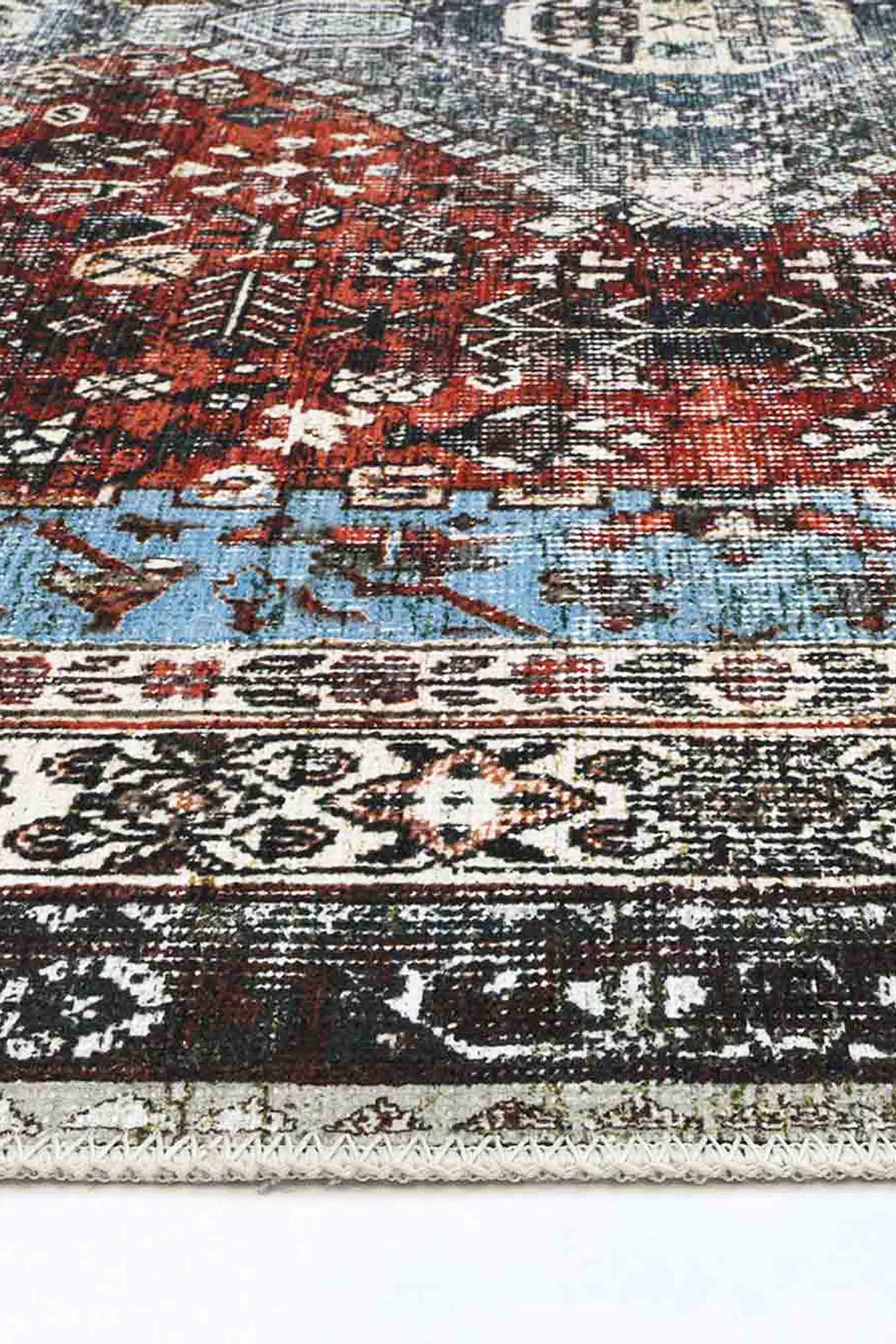 Loane Distressed Vintage Ruby & Sky Blue Washable Rug (with fringe)