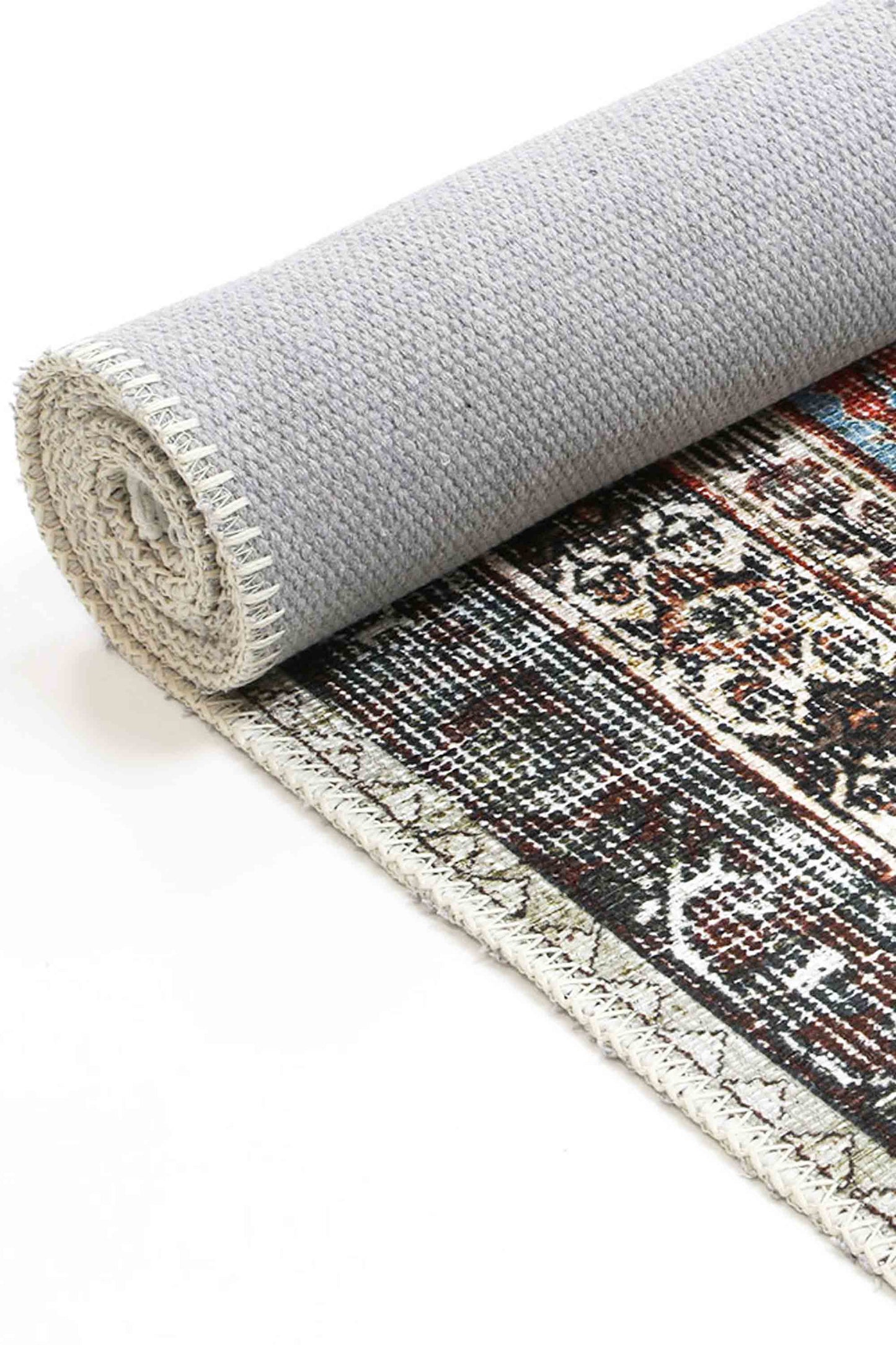 Loane Distressed Vintage Ruby & Sky Blue Washable Rug (with fringe)