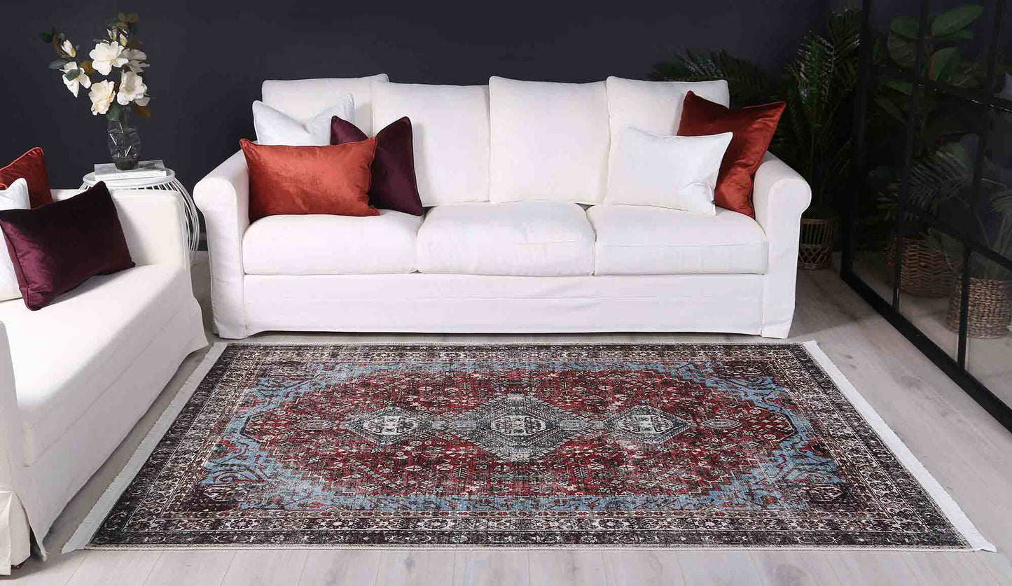 Loane Distressed Vintage Ruby & Sky Blue Washable Rug (with fringe)