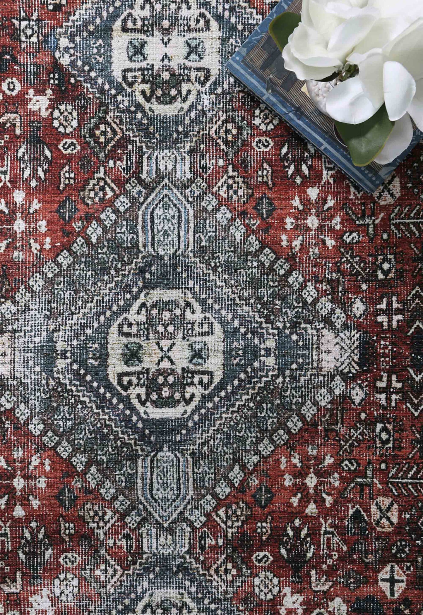 Loane Distressed Vintage Ruby & Sky Blue Washable Rug (with fringe)