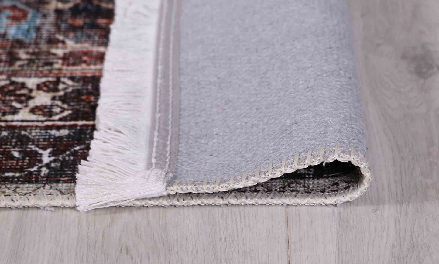 Loane Distressed Vintage Ruby & Sky Blue Washable Rug (with fringe)