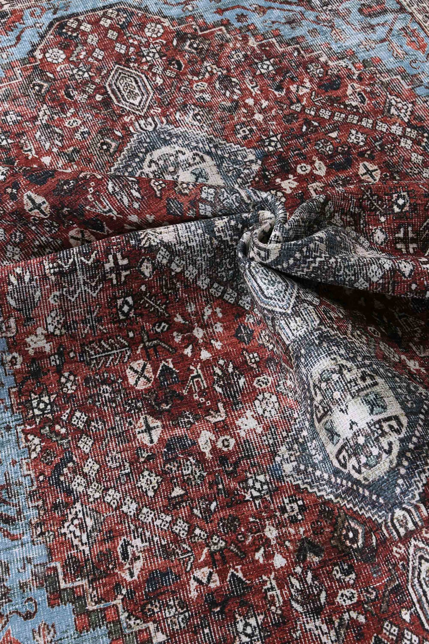 Loane Distressed Vintage Ruby & Sky Blue Washable Rug (with fringe)