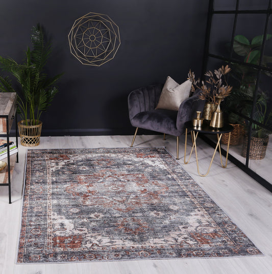 Distressed Vintage Cezanne Rabbit Gray Inca Gold Area Rug