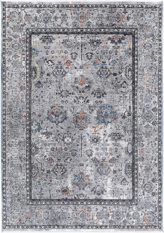 Almeras Border Floral Traditional Grey Multi Rug