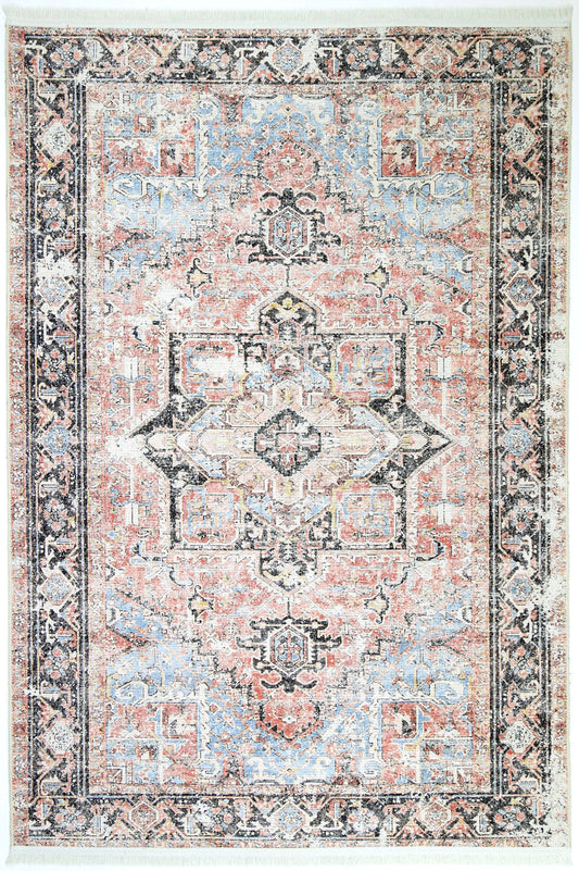 Annabel Distressed Vintage Terracotta & Sky Blue Rug (with fringe)