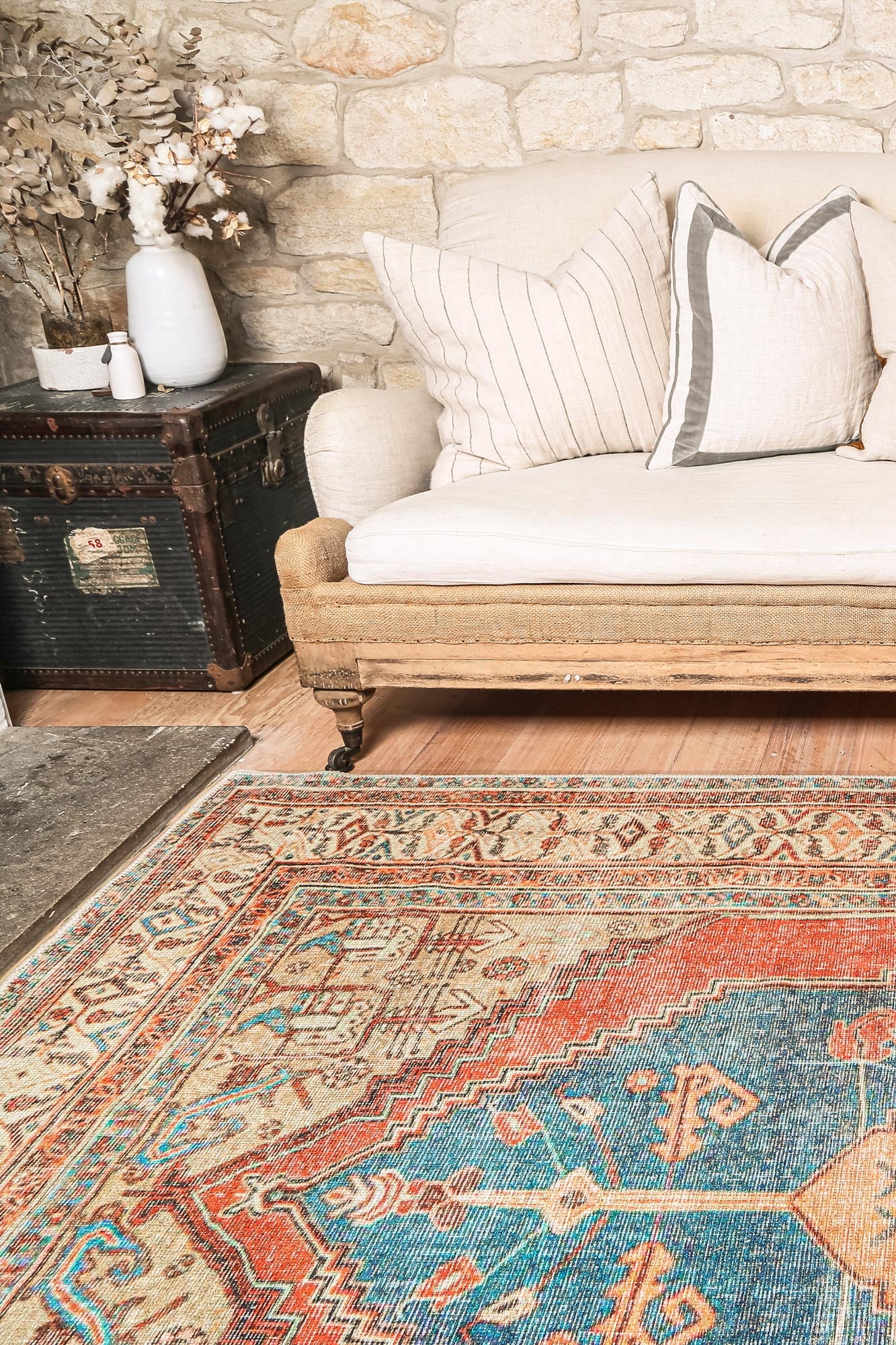 Distressed Louvre Rustic Blue Washable Rug