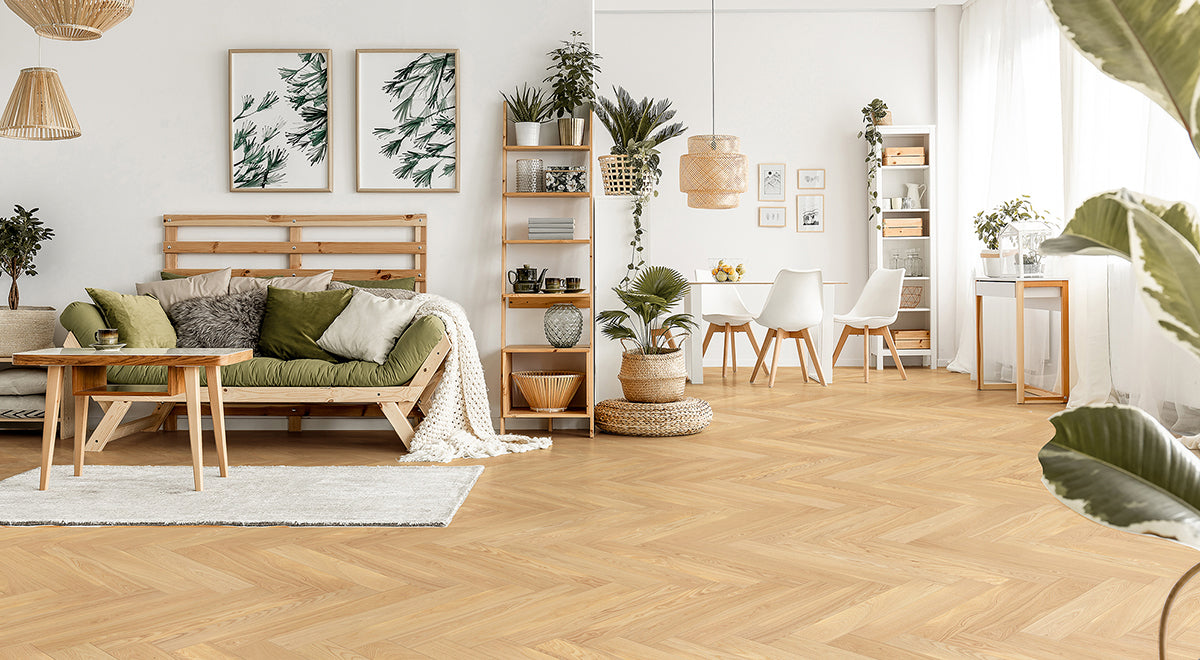 Beauty Engineered Timber 14mm - Honey Glow Herringbone – room scene 1