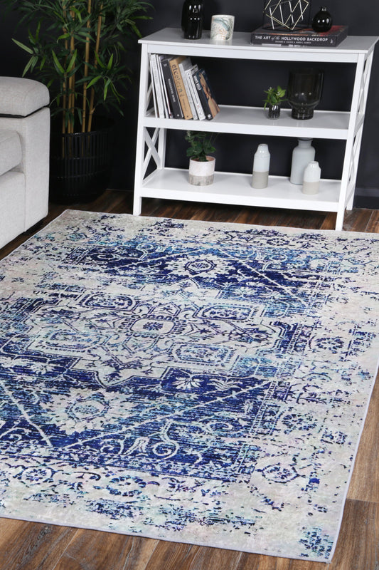 Angelic Distressed Navy White Traditional Non-Slip Rug