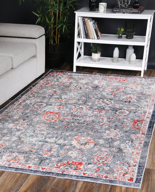 Angelic Distressed Floral Grey Multi Non-Slip Rug