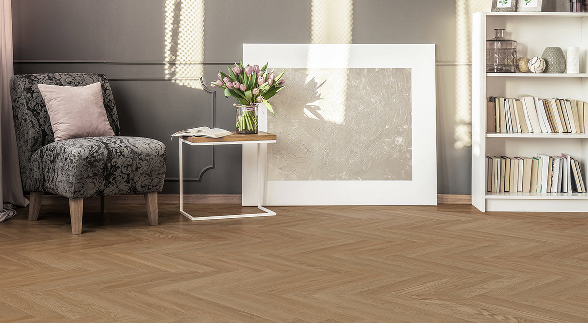 Beauty Engineered Timber 14mm - Amber Whisper Herringbone – room scene 1