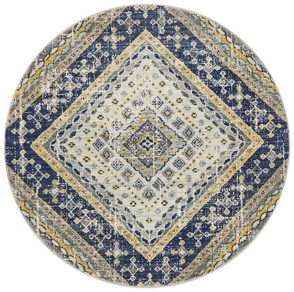 Babiru Square Medallion Navy Round Rug