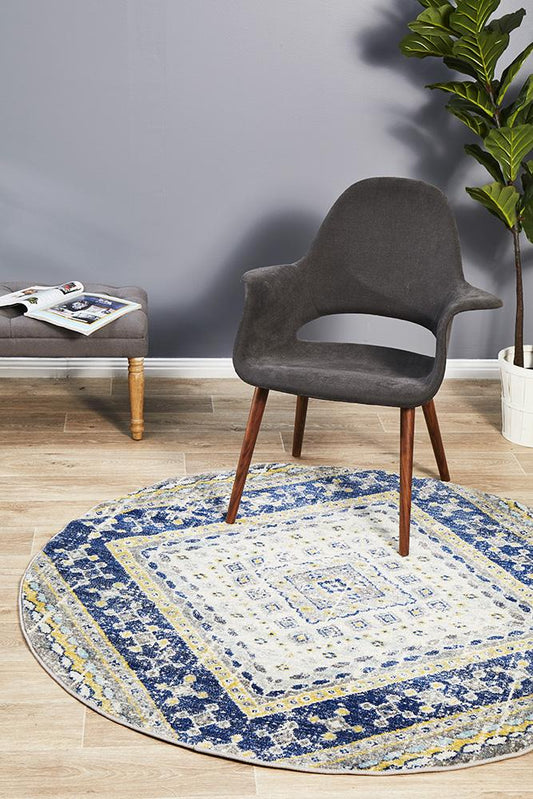 Babiru Square Medallion Navy Round Rug