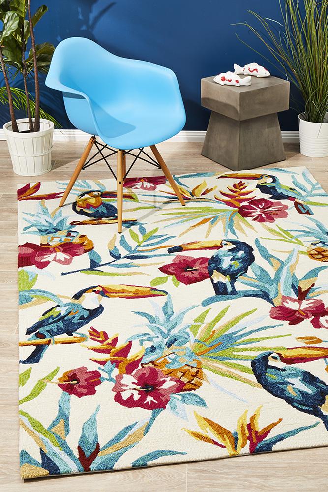 Cabana Toucan Tropical Indoor Outdoor Rug Cream