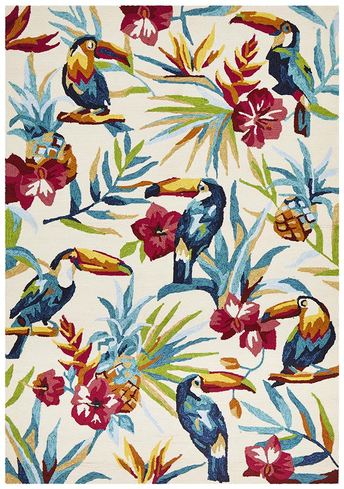 Cabana Toucan Tropical Indoor Outdoor Rug Cream