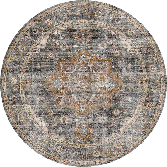 Distressed Vintage Cezanne Rabbit Gray Inca Gold Round Rug