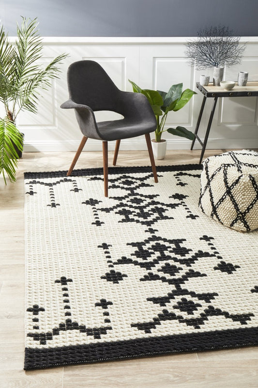 Rhea Cross Stitch Rug Black White