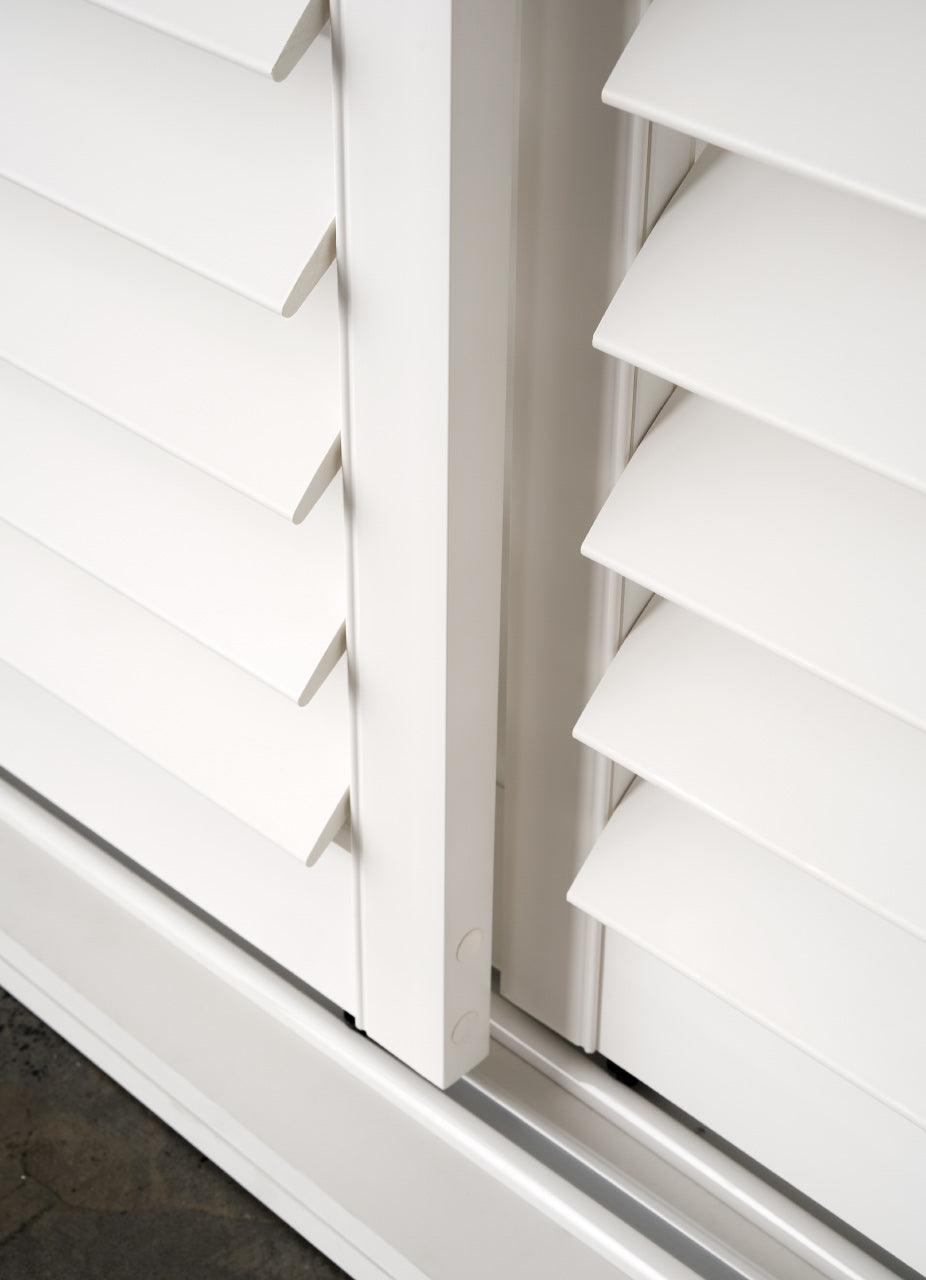 white teak plantation shutter sliding shutter