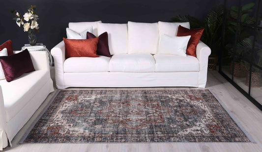 Distressed Vintage Cezanne Rabbit Gray Inca Gold Area Rug (with fringe)