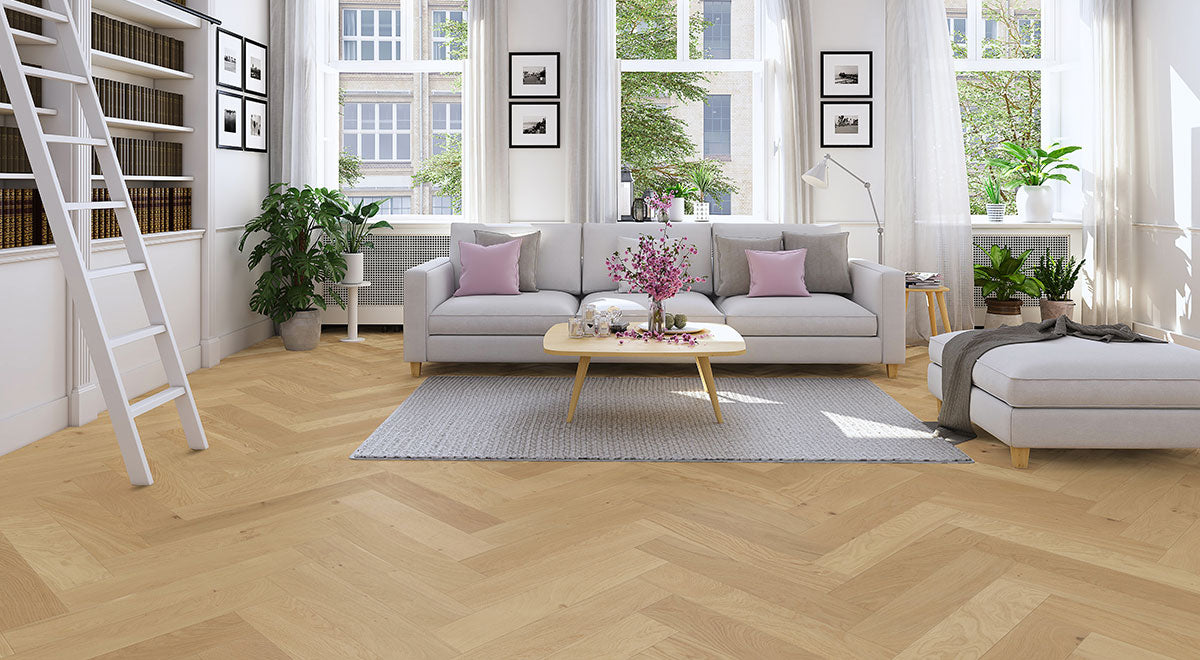Earthlandia Engineered Oak 14mm - Tundra Herringbone – room scene 1