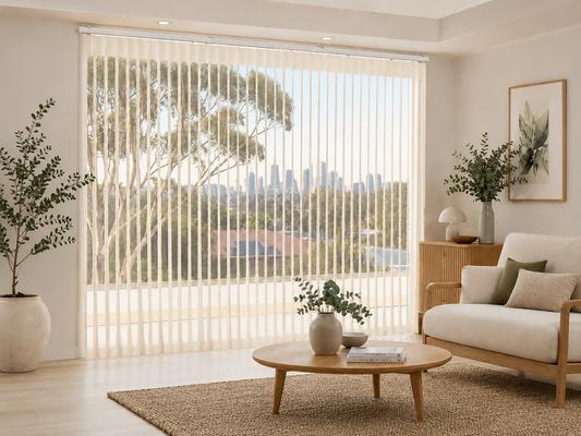 Luxx Shades with the vanes open to the garden view in a light-filled living room