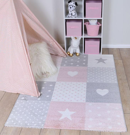 Nova Pink Grey Stars & Hearts Rug