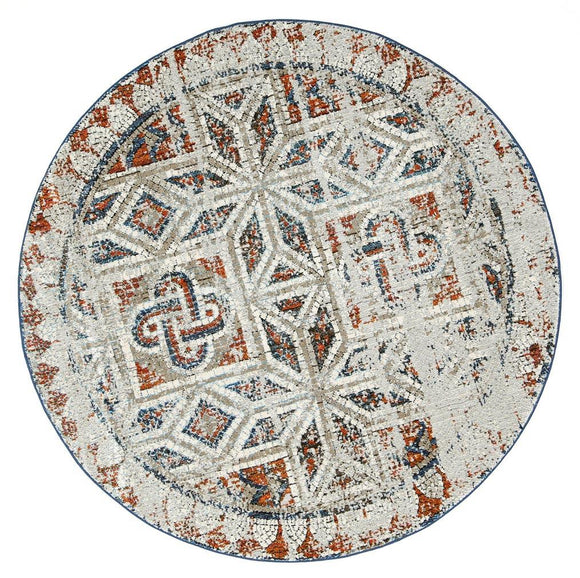 Roman Mosaic Geometric Navy Red Round Rug