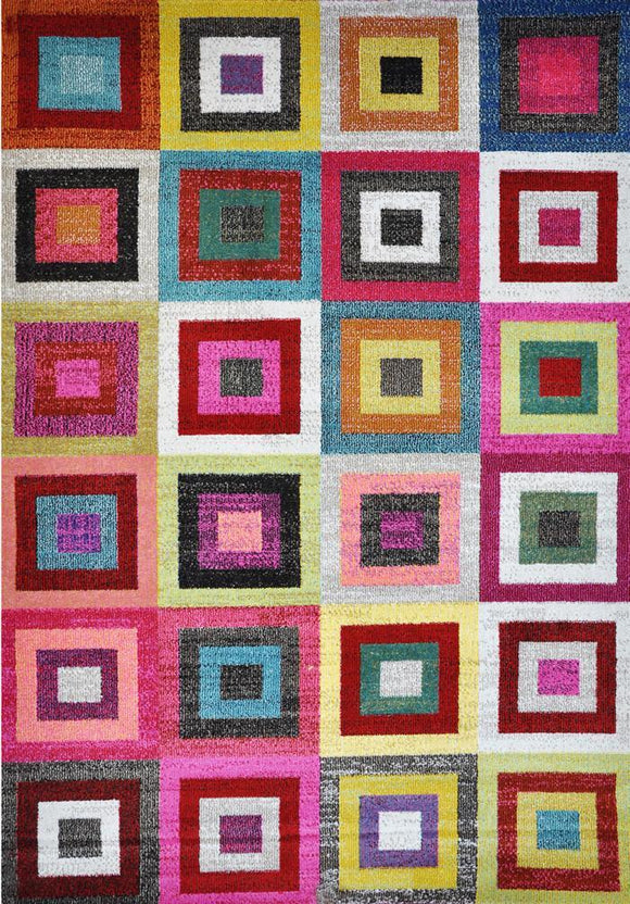 Spirit Pink and Multi Colour Geometric Square Shaped Ikat Rug